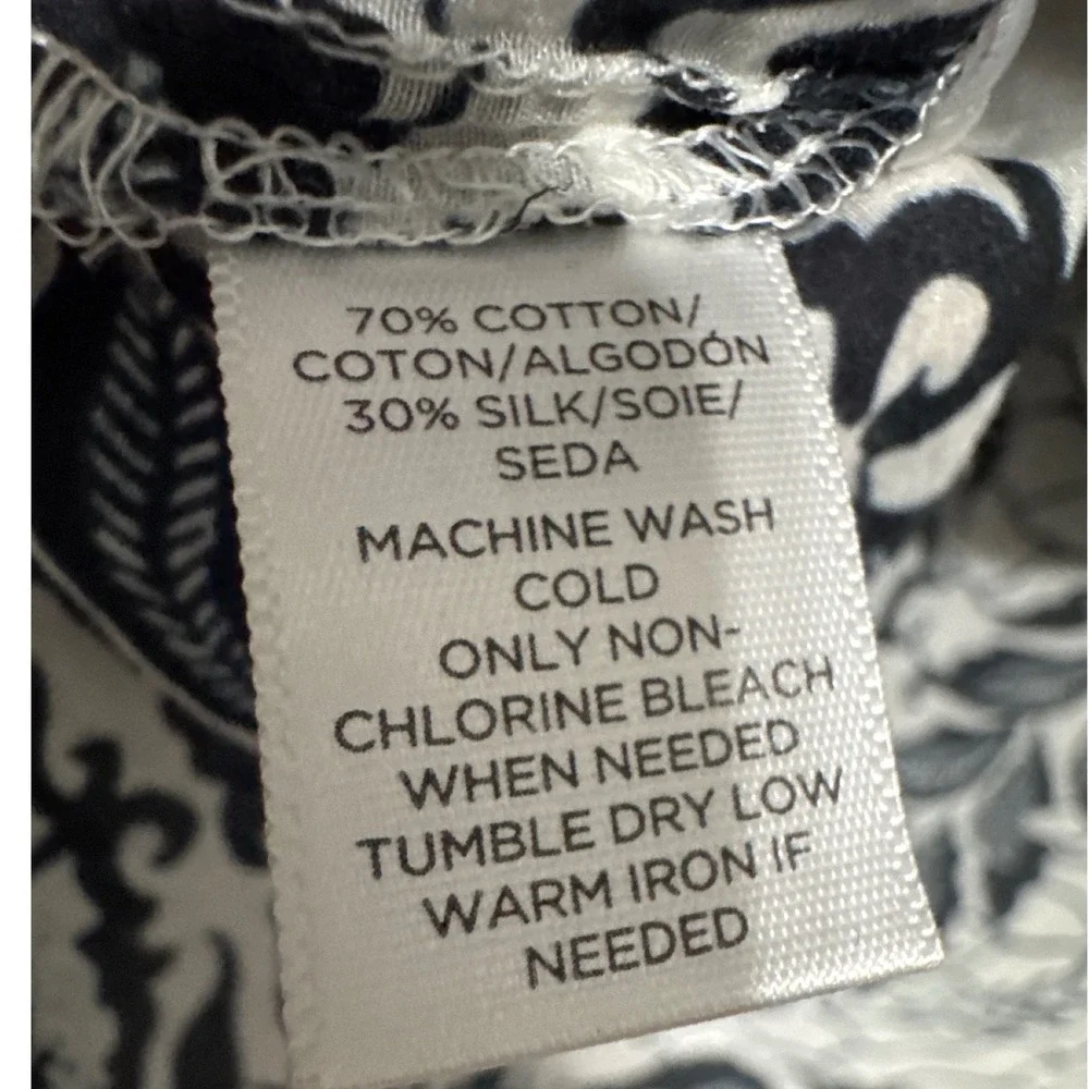 LOFT Womens Navy Blue White Paisley Feather Silk Blend Tie Blouse Peasant‎ Sz M